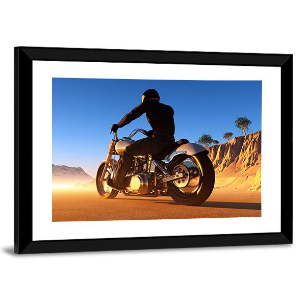 Bike Rider In Desert Canvas Wall Art-1 Piece-Framed Print-20" x 16"-Tiaracle