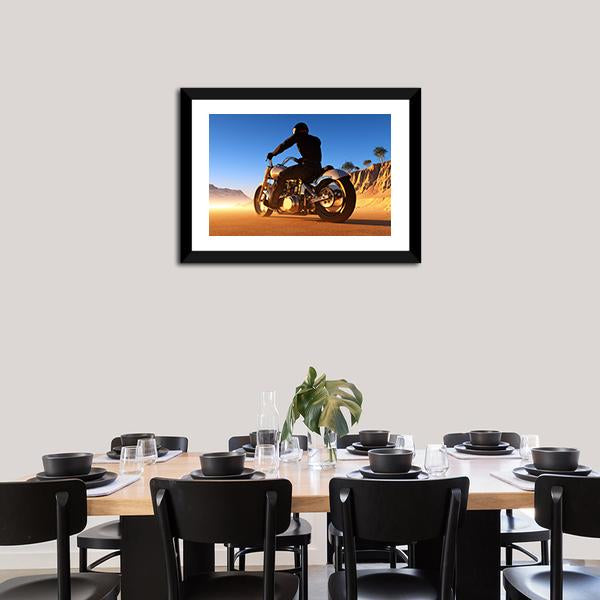 Bike Rider In Desert Canvas Wall Art-1 Piece-Framed Print-20" x 16"-Tiaracle