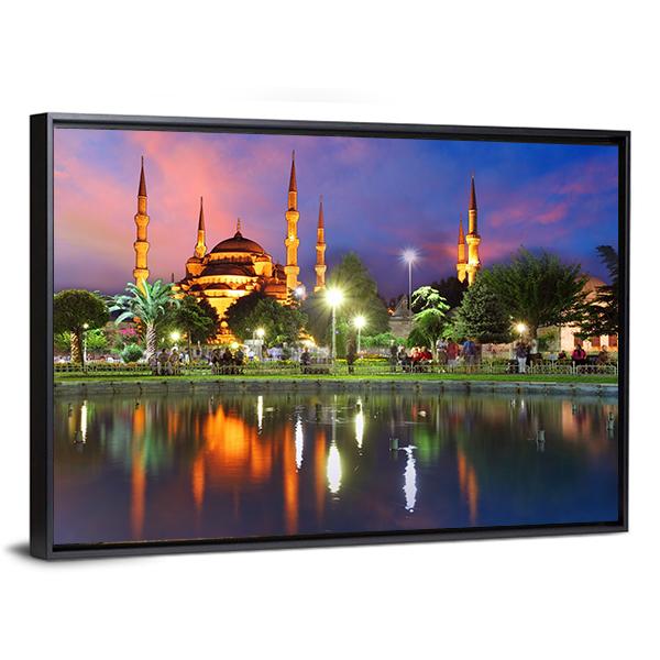 Blue Mosque At Night Canvas Wall Art-1 Piece-Floating Frame-24" x 16"-Tiaracle