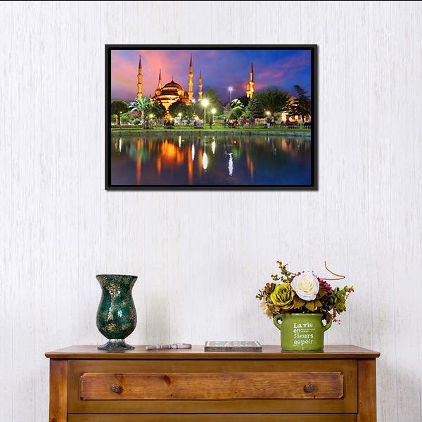 Blue Mosque At Night Canvas Wall Art-1 Piece-Floating Frame-24" x 16"-Tiaracle