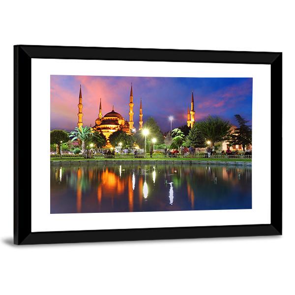 Blue Mosque At Night Canvas Wall Art-1 Piece-Framed Print-20" x 16"-Tiaracle