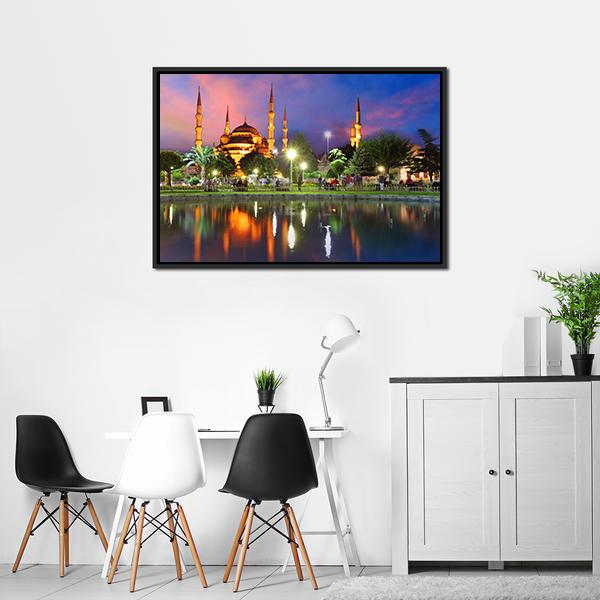 Blue Mosque At Night Canvas Wall Art-3 Horizontal-Gallery Wrap-25" x 16"-Tiaracle