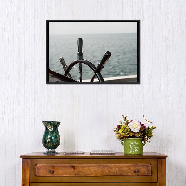 Wooden Ship Wheel Close-up Canvas Wall Art in black, gray and brown, framed canvas, product view on a white background