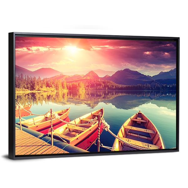 Boats On Mountain Lake Canvas Wall Art-1 Piece-Floating Frame-24" x 16"-Tiaracle