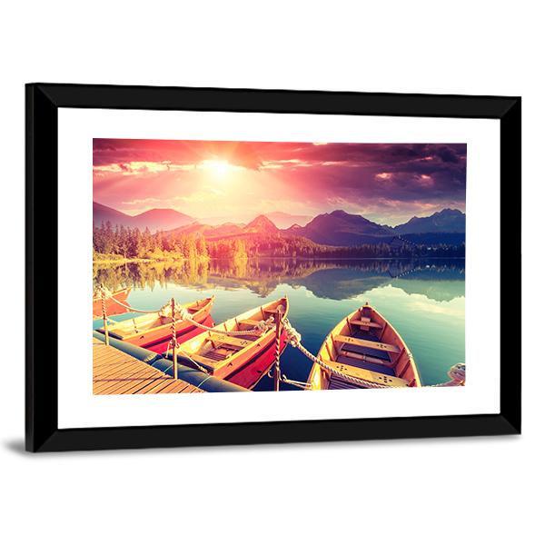 Boats On Mountain Lake Canvas Wall Art-1 Piece-Framed Print-20" x 16"-Tiaracle