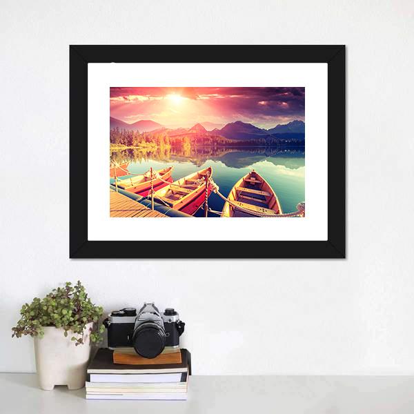 Boats On Mountain Lake Canvas Wall Art-1 Piece-Framed Print-20" x 16"-Tiaracle