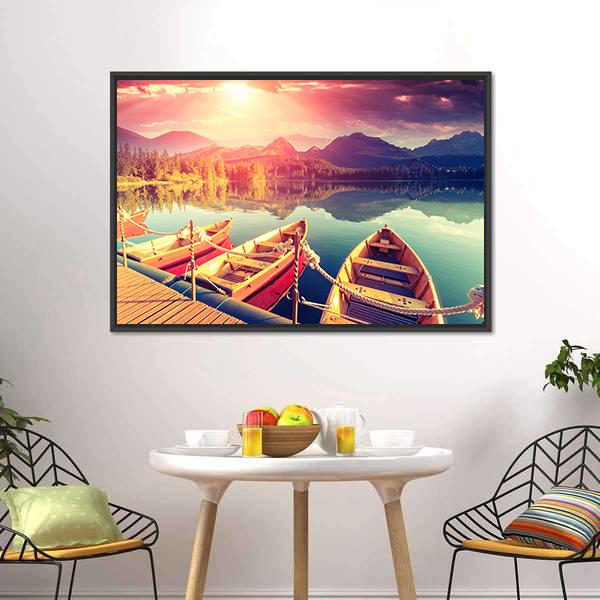 Boats On Mountain Lake Canvas Wall Art-3 Horizontal-Gallery Wrap-25" x 16"-Tiaracle