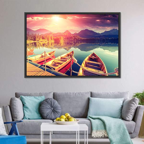 Boats On Mountain Lake Canvas Wall Art-3 Horizontal-Gallery Wrap-25" x 16"-Tiaracle