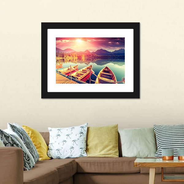 Boats On Mountain Lake Canvas Wall Art-3 Horizontal-Gallery Wrap-25" x 16"-Tiaracle