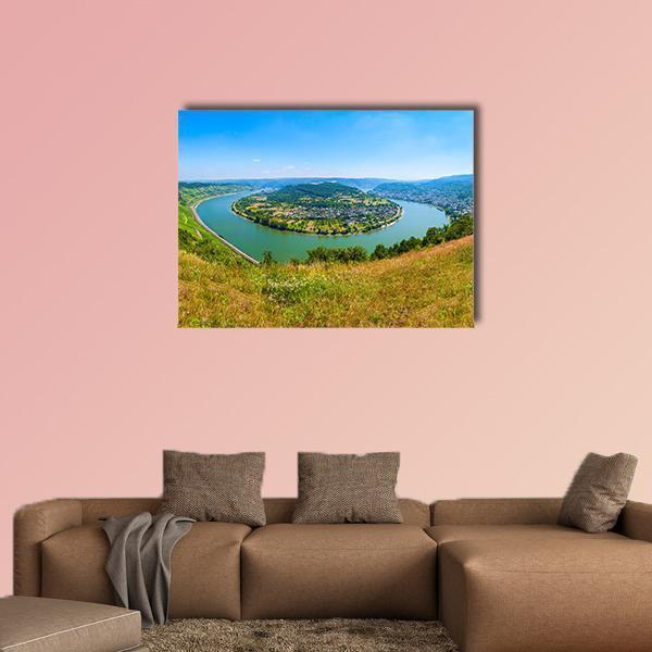 Boppard Horseshoe Bend with Vineyards Canvas Wall Art in yellow, green and blue, single panel hung on a wall