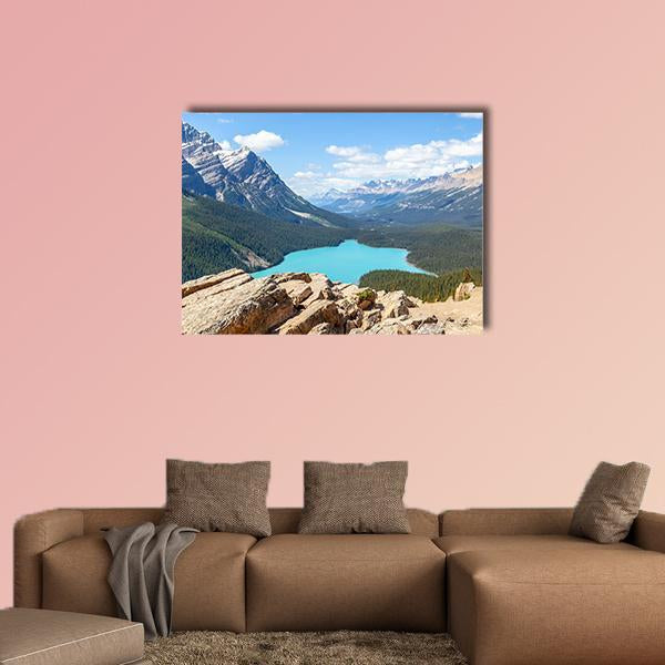 Wolf-shaped Lake at Bow Summit, Banff National Park Canvas Wall Art in gray, green and blue, single panel hung on a wall