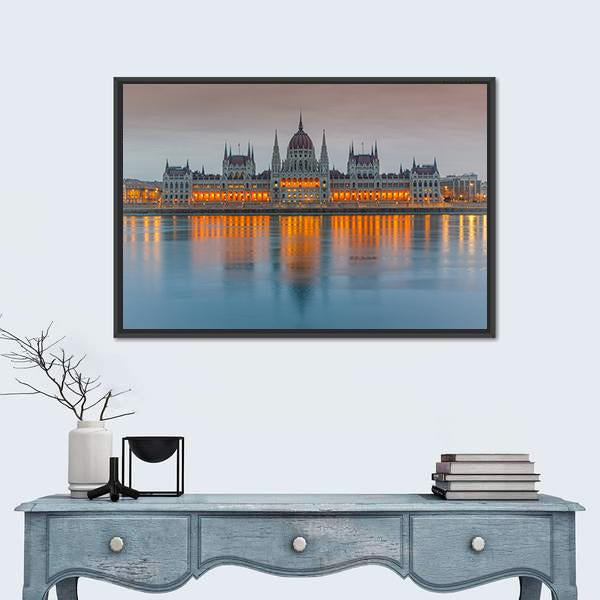 Budapest Parliament At Dusk Canvas Wall Art-1 Piece-Floating Frame-24" x 16"-Tiaracle