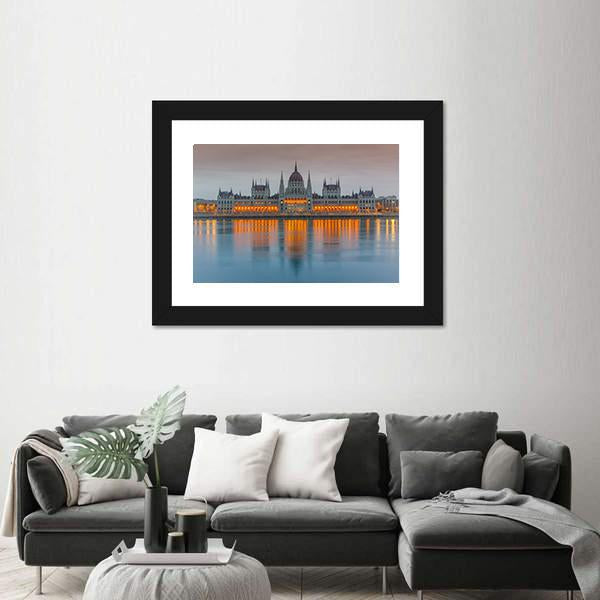 Budapest Parliament At Dusk Canvas Wall Art-1 Piece-Framed Print-30" x 20"-Tiaracle
