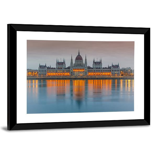 Budapest Parliament At Dusk Canvas Wall Art-1 Piece-Framed Print-36" x 24"-Tiaracle