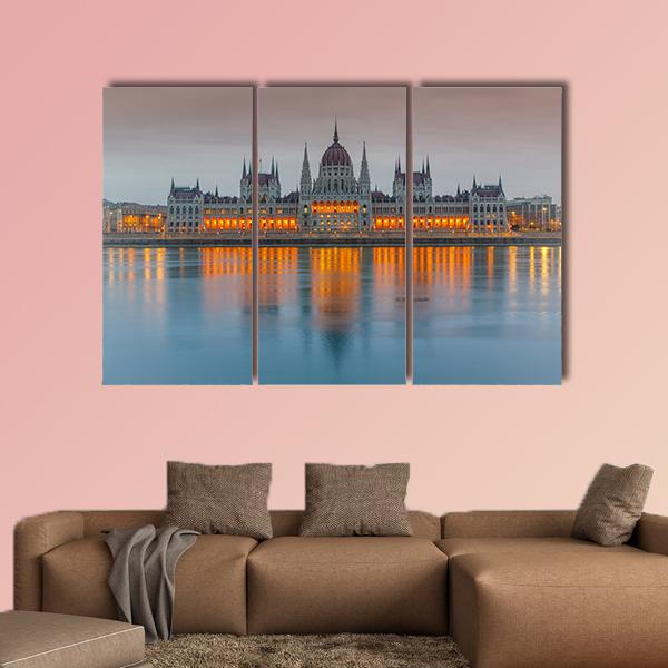 Budapest Parliament At Dusk Canvas Wall Art-3 Horizontal-Gallery Wrap-25" x 16"-Tiaracle