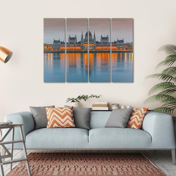 Budapest Parliament At Dusk Canvas Wall Art-4 Horizontal-Gallery Wrap-34" x 24"-Tiaracle