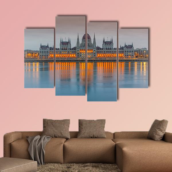 Budapest Parliament At Dusk Canvas Wall Art-4 Pop-Gallery Wrap-34" x 20"-Tiaracle