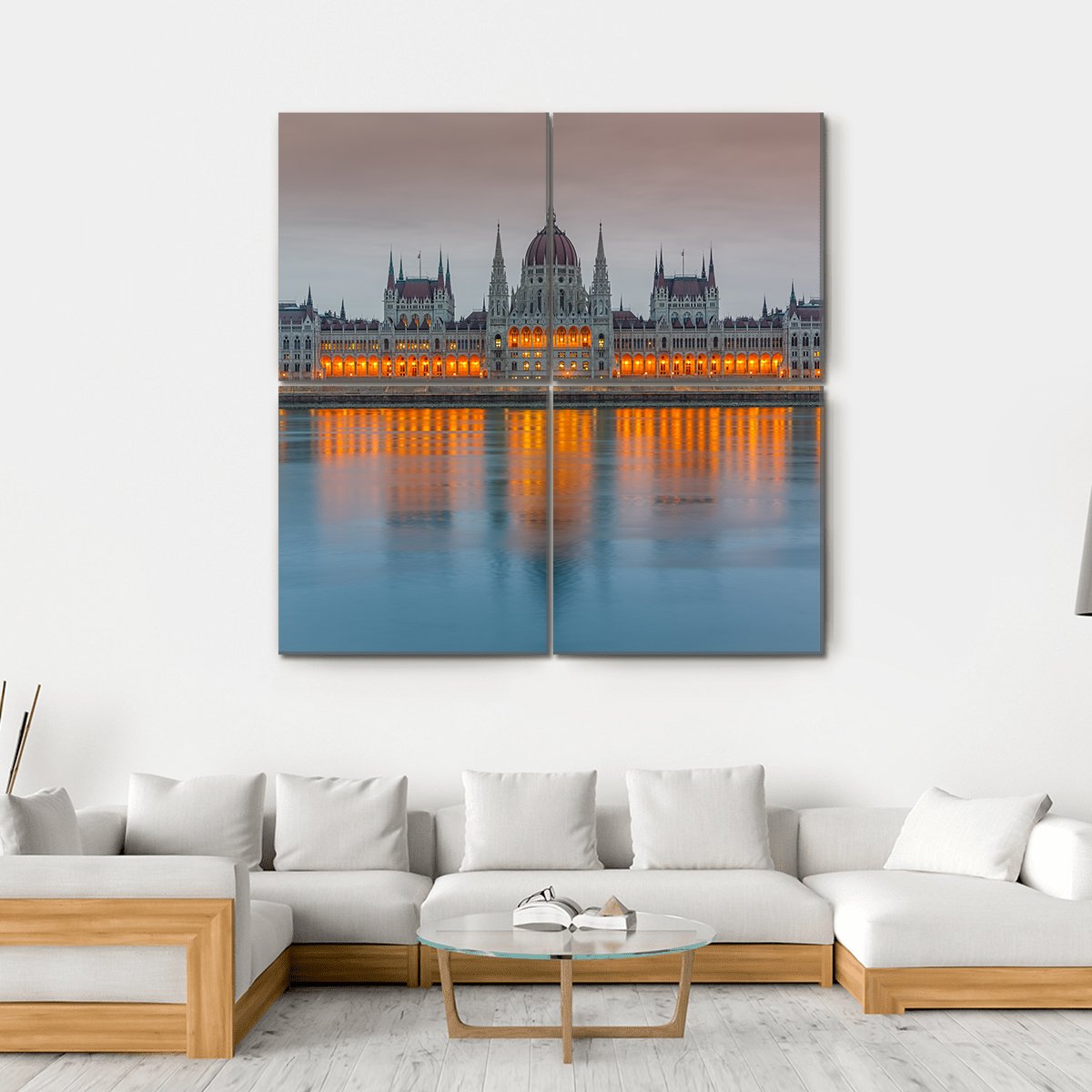 Budapest Parliament At Dusk Canvas Wall Art-4 Square-Gallery Wrap-17" x 17"-Tiaracle