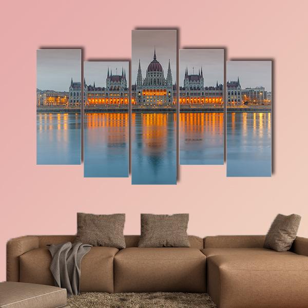 Budapest Parliament At Dusk Canvas Wall Art-5 Pop-Gallery Wrap-32" x 21"-Tiaracle