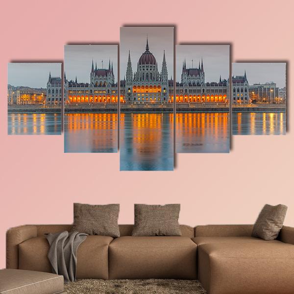 Budapest Parliament At Dusk Canvas Wall Art-5 Star-Gallery Wrap-42" x 21"-Tiaracle