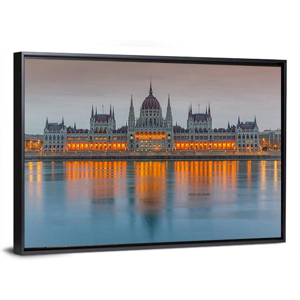 Budapest Parliament At Dusk Canvas Wall Art-3 Horizontal-Gallery Wrap-25" x 16"-Tiaracle