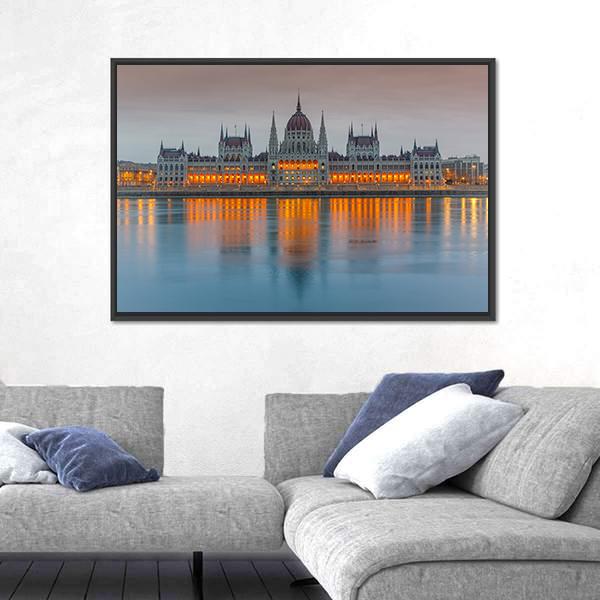 Budapest Parliament At Dusk Canvas Wall Art-5 Horizontal-Gallery Wrap-22" x 12"-Tiaracle