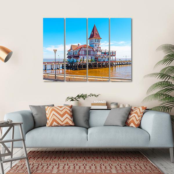 Building &amp; Pier At Shore Canvas Wall Art-4 Horizontal-Gallery Wrap-34" x 24"-Tiaracle