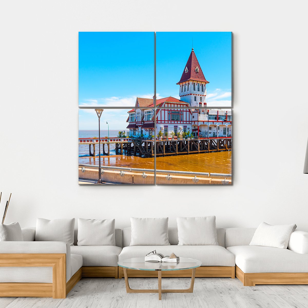 Building &amp; Pier At Shore Canvas Wall Art-4 Square-Gallery Wrap-17" x 17"-Tiaracle