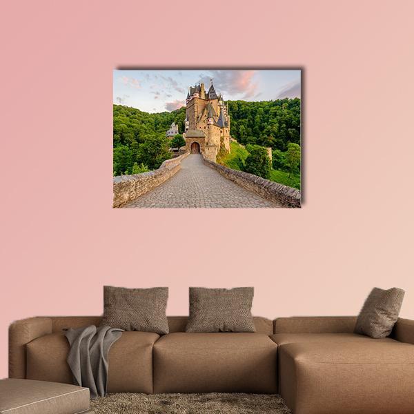 Burg Eltz Castle, Germany Canvas Wall Art in gray, brown and green, single panel hung on a wall