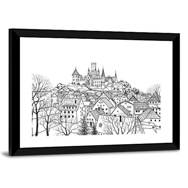 Castle &amp; City Sketch Canvas Wall Art-1 Piece-Framed Print-20" x 16"-Tiaracle