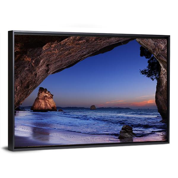 Cathedral Cove At Sunrise Canvas Wall Art-1 Piece-Floating Frame-24" x 16"-Tiaracle