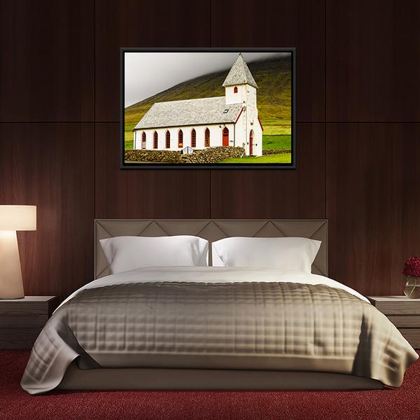 Church On Sandoy Denmark Canvas Wall Art-1 Piece-Floating Frame-24" x 16"-Tiaracle