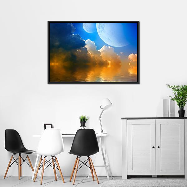 Two Moons and Glowing Clouds Canvas Wall Art in white, orange and blue, framed canvas, product view on a white background