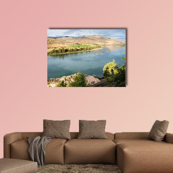 Flathead River Valley, Montana Canvas Wall Art in brown, green and blue, single panel hung on a wall