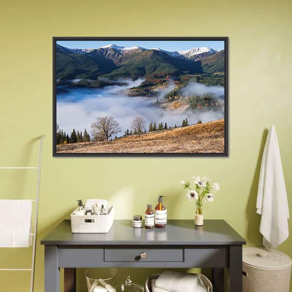 Foggy Mountain Village Canvas Wall Art-3 Horizontal-Gallery Wrap-25" x 16"-Tiaracle