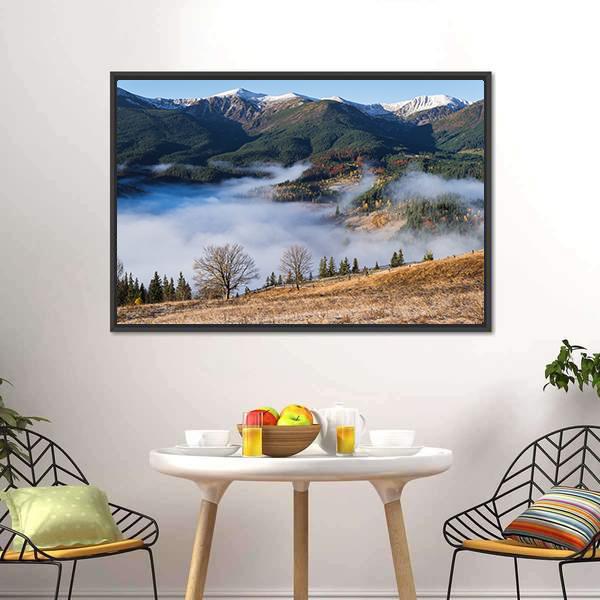 Foggy Mountain Village Canvas Wall Art-3 Horizontal-Gallery Wrap-25" x 16"-Tiaracle