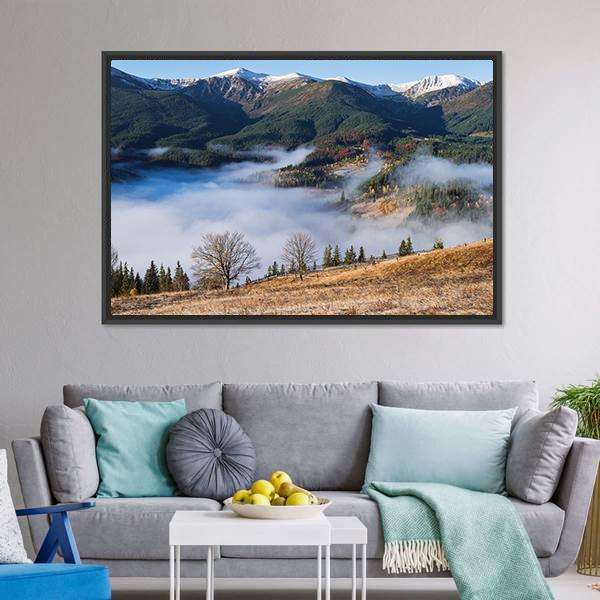 Foggy Mountain Village Canvas Wall Art-3 Horizontal-Gallery Wrap-25" x 16"-Tiaracle