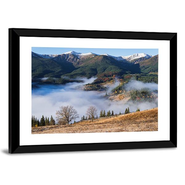 Foggy Mountain Village Canvas Wall Art-3 Horizontal-Gallery Wrap-25" x 16"-Tiaracle
