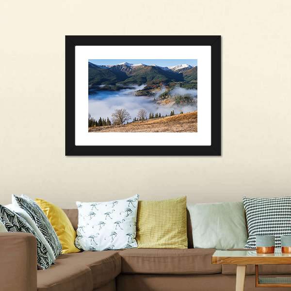 Foggy Mountain Village Canvas Wall Art-3 Horizontal-Gallery Wrap-25" x 16"-Tiaracle