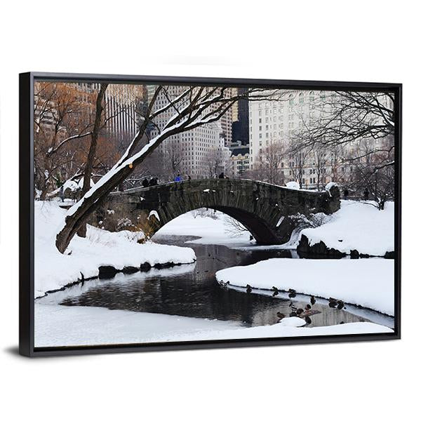 Gapstow Bridge In Snow Canvas Wall Art-1 Piece-Floating Frame-24" x 16"-Tiaracle