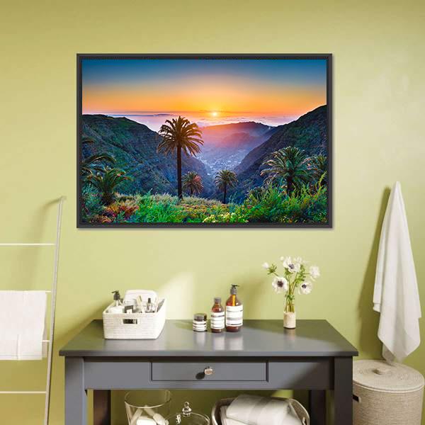 Golden Sun On Mountain Valley Canvas Wall Art-3 Horizontal-Gallery Wrap-25" x 16"-Tiaracle