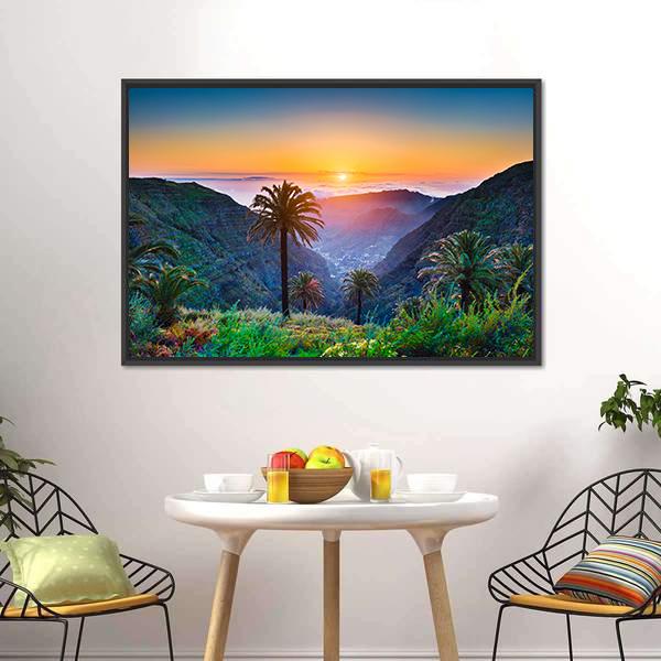 Golden Sun On Mountain Valley Canvas Wall Art-3 Horizontal-Gallery Wrap-25" x 16"-Tiaracle