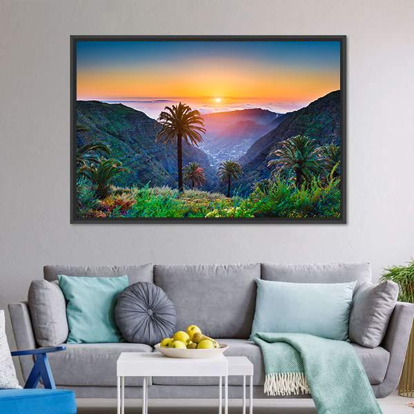 Golden Sun On Mountain Valley Canvas Wall Art-3 Horizontal-Gallery Wrap-25" x 16"-Tiaracle