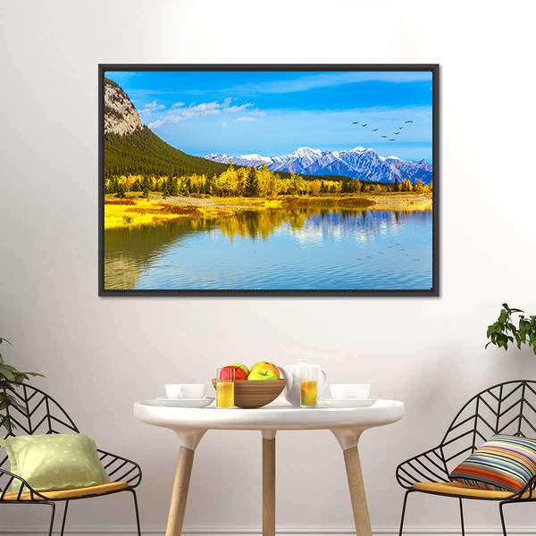 Golden Trees Near Lake Canvas Wall Art-3 Horizontal-Gallery Wrap-25" x 16"-Tiaracle