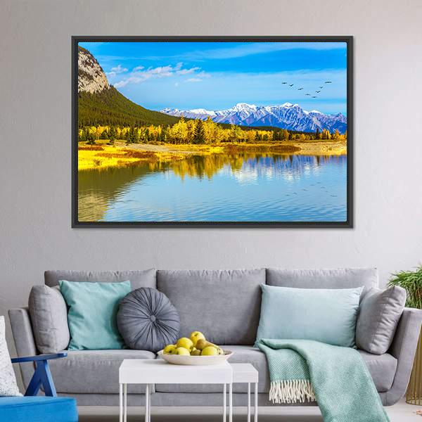 Golden Trees Near Lake Canvas Wall Art-3 Horizontal-Gallery Wrap-25" x 16"-Tiaracle