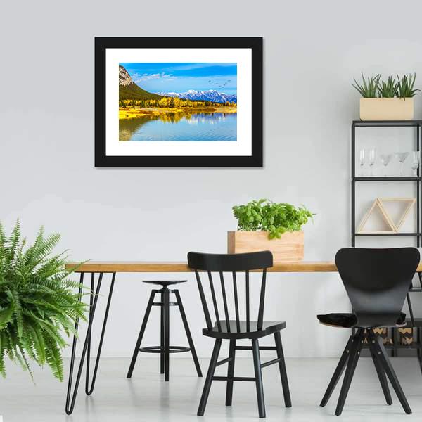 Golden Trees Near Lake Canvas Wall Art-3 Horizontal-Gallery Wrap-25" x 16"-Tiaracle