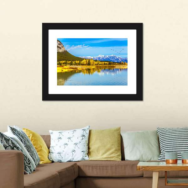 Golden Trees Near Lake Canvas Wall Art-3 Horizontal-Gallery Wrap-25" x 16"-Tiaracle