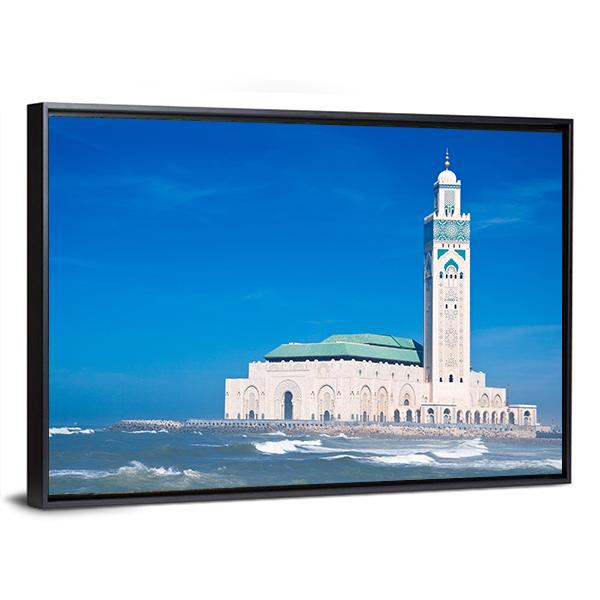 Hassan Ii Mosque, Casablanca Canvas Wall Art in white and blue, framed canvas, product view on a white background