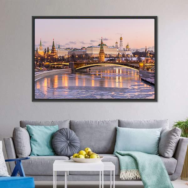 Illuminated Moscow Kremlin Canvas Wall Art-3 Horizontal-Gallery Wrap-25" x 16"-Tiaracle