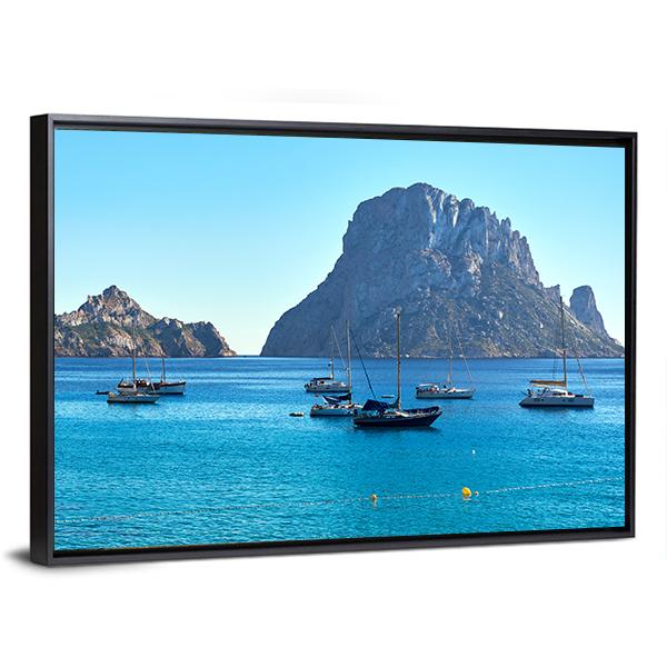 Es Vedra Island Canvas Wall Art in gray and blue, framed canvas, product view on a white background